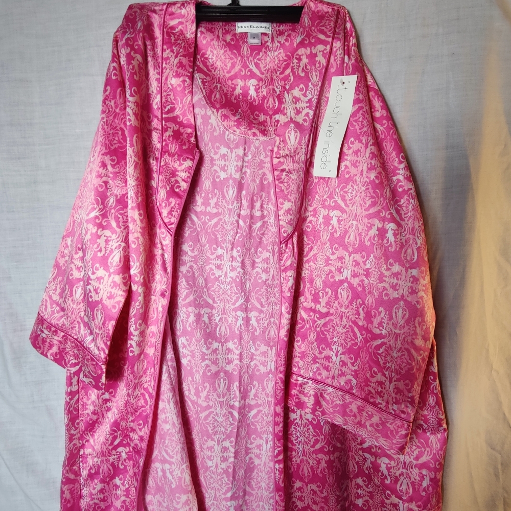 Miss Elaine Pink Satin Damask Robe M Full Zip Tassel Pockets Soft Lounge - Picture 12 of 15
